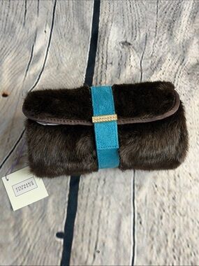 STEPHANIE‎ JOHNSON Faux Fur Clutch Brown Teal Strap Crystal Accent Bag